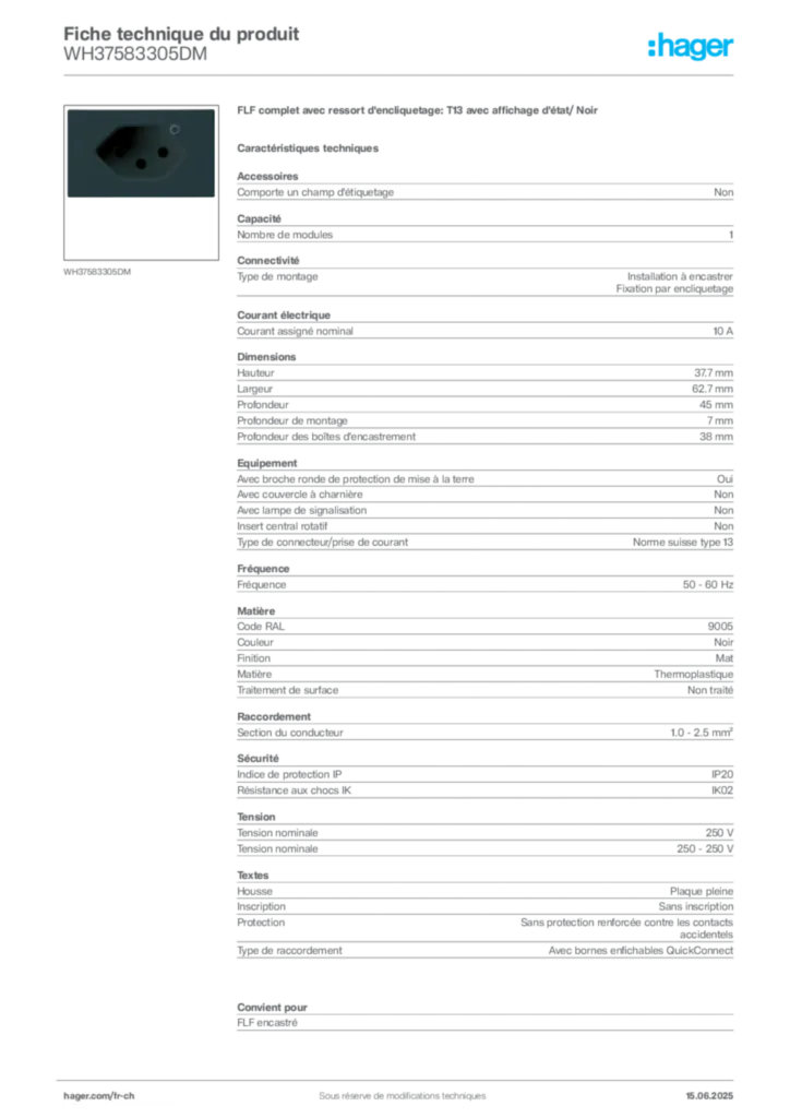Image Hager Fiche technique du produit WH37583305DM | Hager Suisse