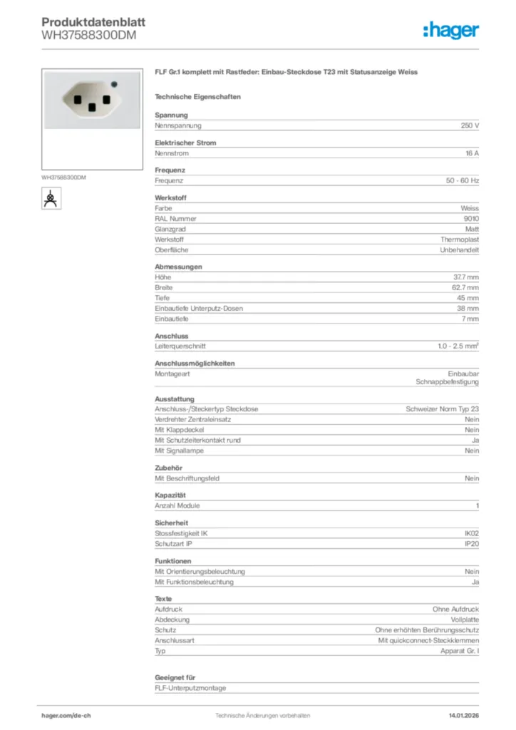 Bild Hager Produktdatenblatt WH37588300DM | Hager Schweiz