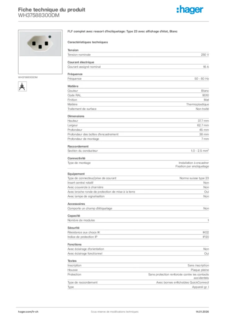 Image Hager Fiche technique du produit WH37588300DM | Hager Suisse