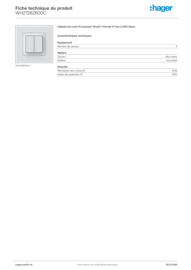 Image Hager Fiche technique du produit WH27262600C | Hager Suisse