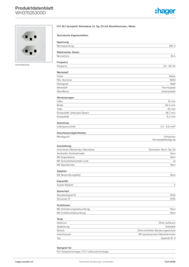 Bild Hager Produktdatenblatt WH37625300D | Hager Schweiz