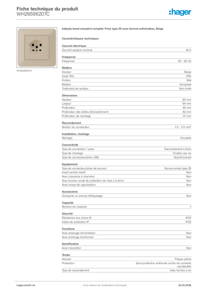 Image Hager Fiche technique du produit WH26596207C | Hager Suisse