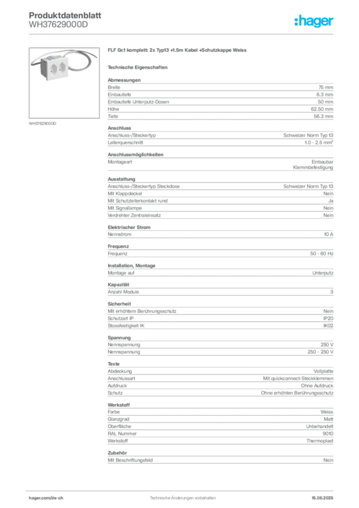 Bild Hager Produktdatenblatt WH37629000D | Hager Schweiz