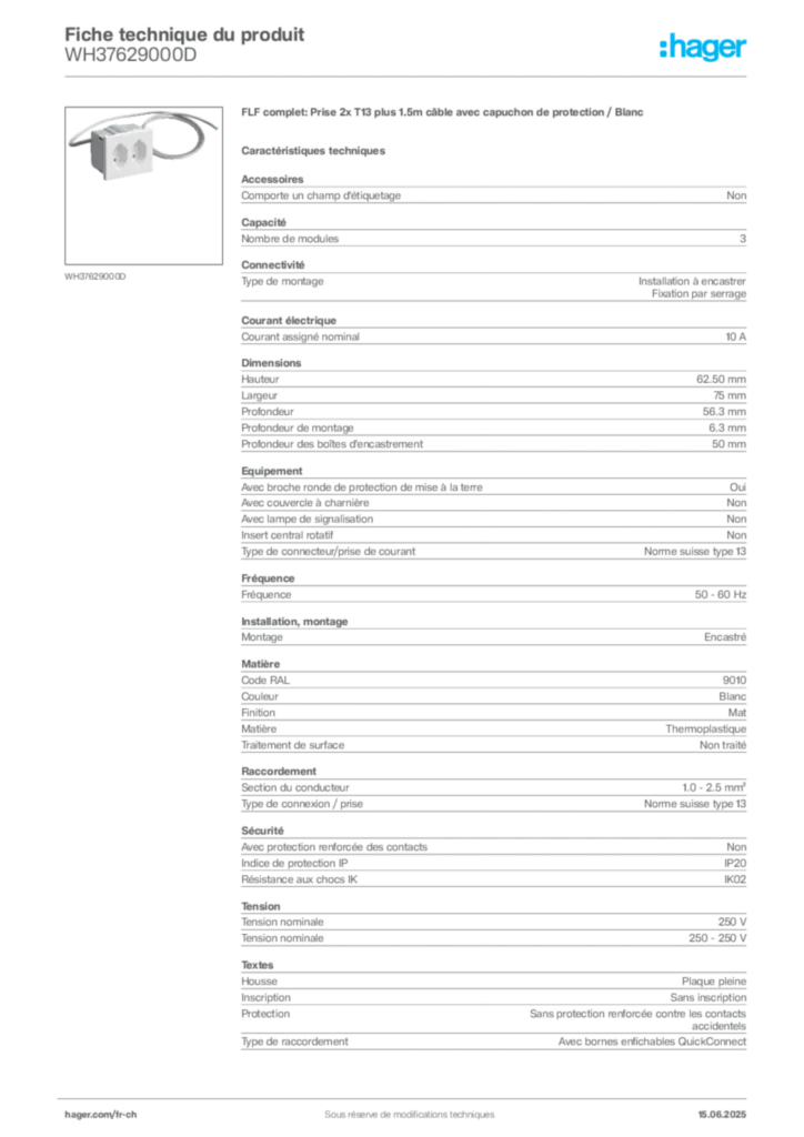 Image Hager Fiche technique du produit WH37629000D | Hager Suisse