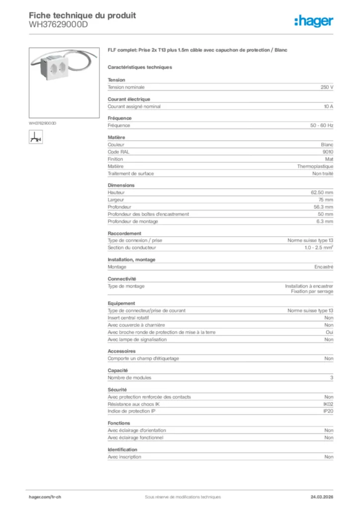 Image Hager Fiche technique du produit WH37629000D | Hager Suisse