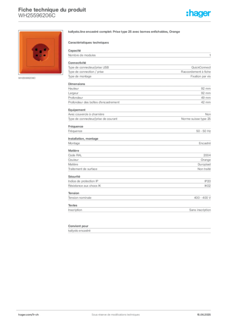 Image Hager Fiche technique du produit WH25596206C | Hager Suisse