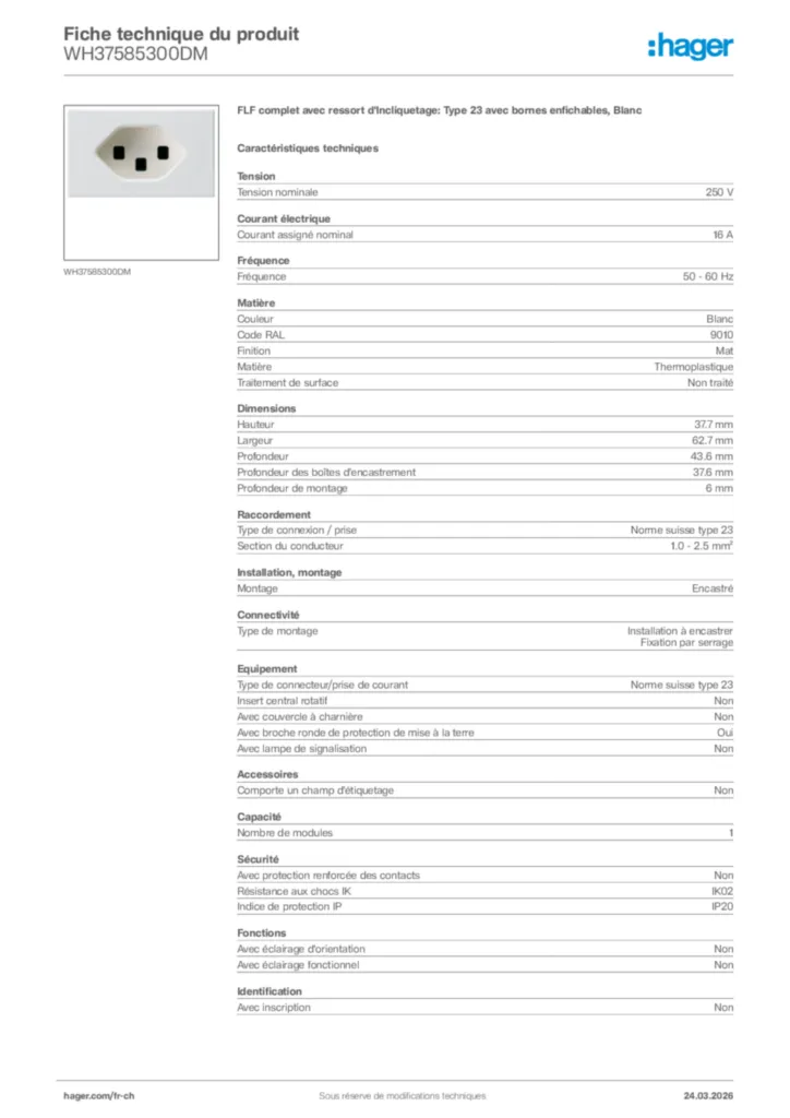 Image Hager Fiche technique du produit WH37585300DM | Hager Suisse