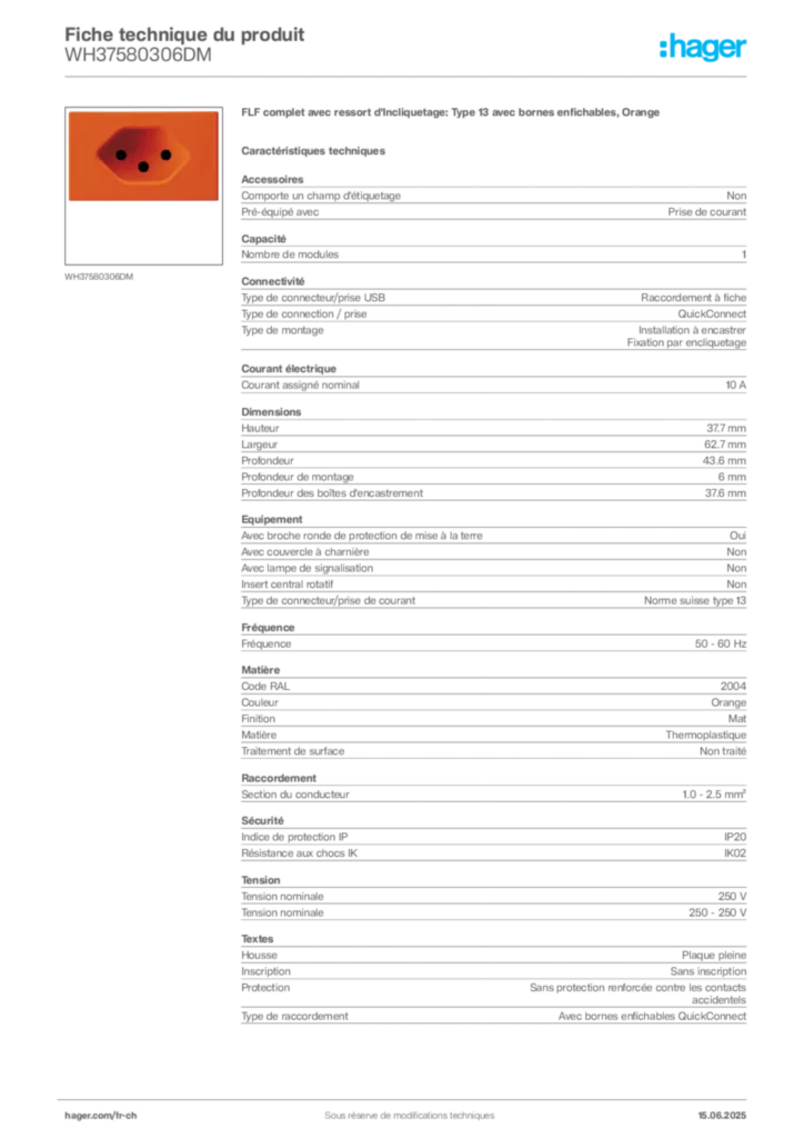 Image Hager Fiche technique du produit WH37580306DM | Hager Suisse