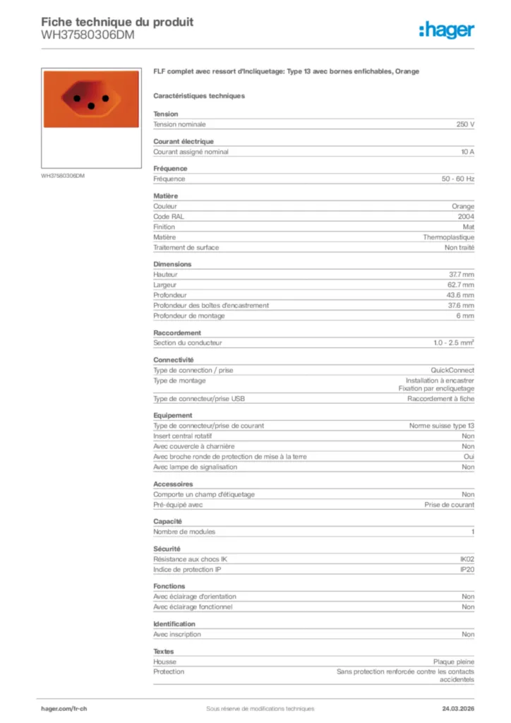Image Hager Fiche technique du produit WH37580306DM | Hager Suisse