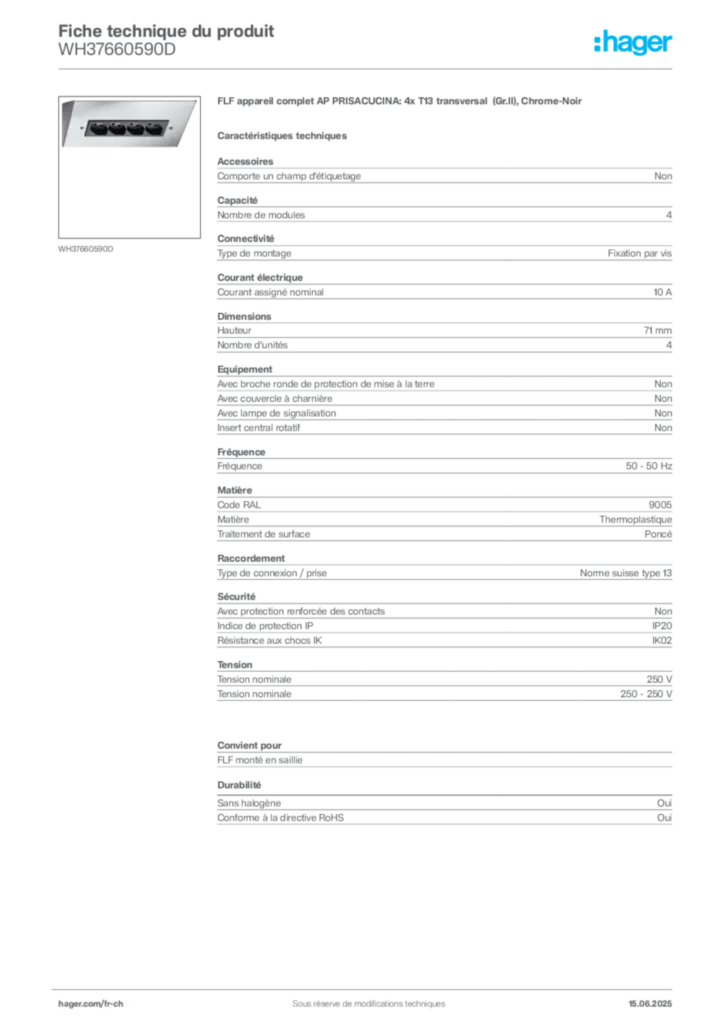 Image Hager Fiche technique du produit WH37660590D | Hager Suisse
