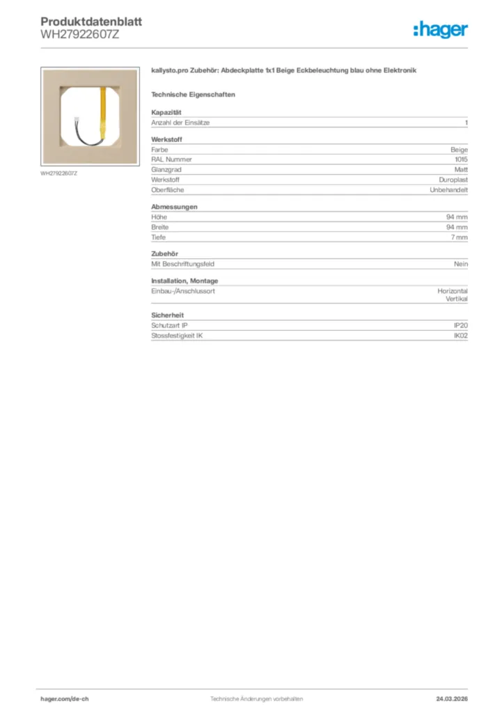 Bild Hager Produktdatenblatt WH27922607Z | Hager Schweiz