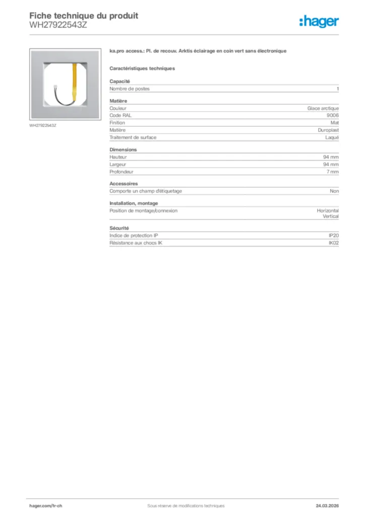 Image Hager Fiche technique du produit WH27922543Z | Hager Suisse