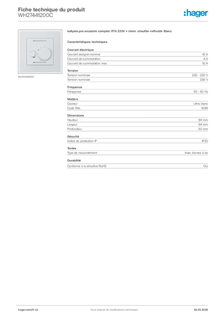 Image Hager Fiche technique du produit WH27441200C | Hager Suisse