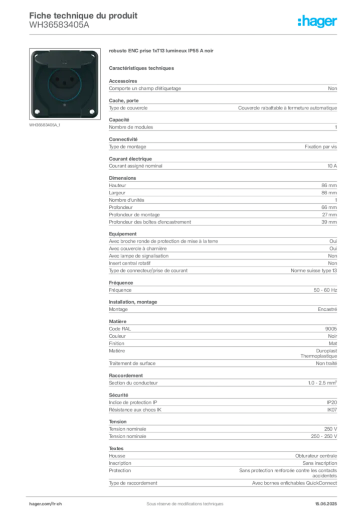 Image Hager Fiche technique du produit WH36583405A | Hager Suisse