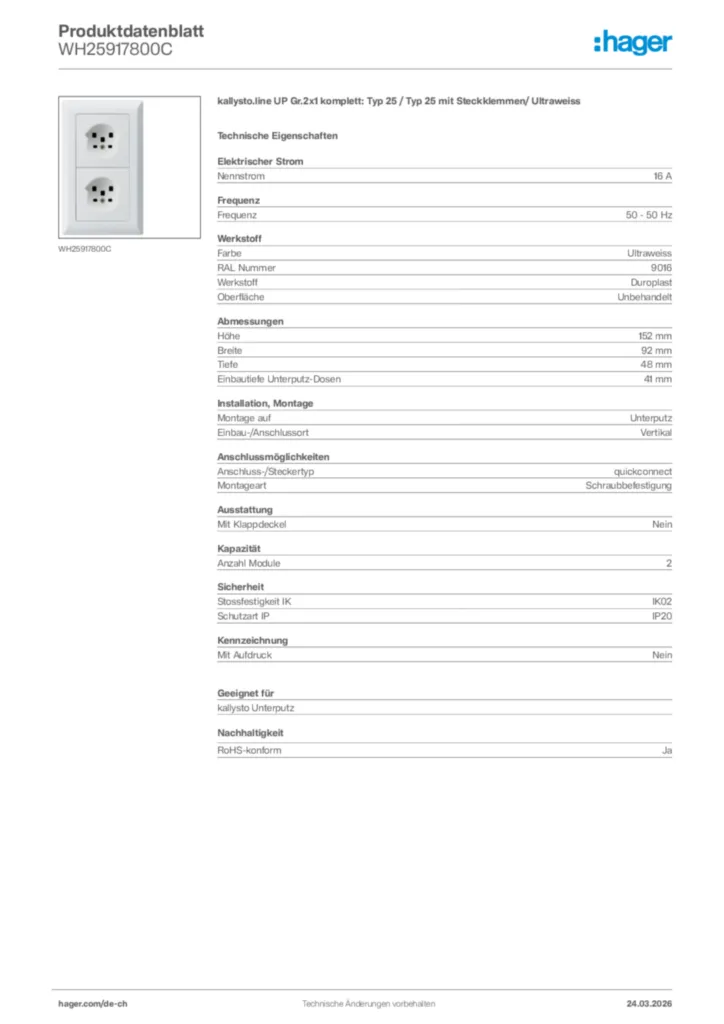 Bild Hager Produktdatenblatt WH25917800C | Hager Schweiz