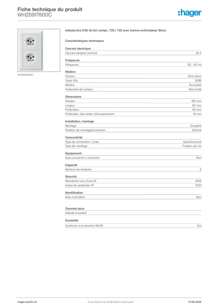 Image Hager Fiche technique du produit WH25917800C | Hager Suisse