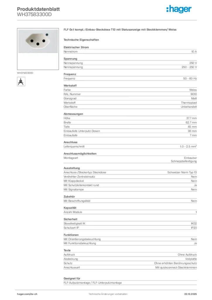 Bild Hager Produktdatenblatt WH37583300D | Hager Schweiz