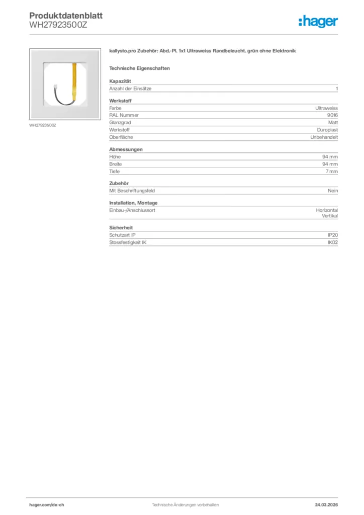 Bild Hager Produktdatenblatt WH27923500Z | Hager Schweiz