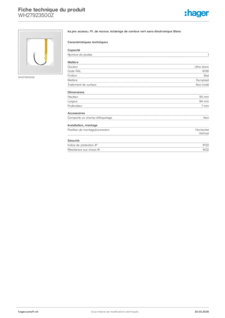 Image Hager Fiche technique du produit WH27923500Z | Hager Suisse