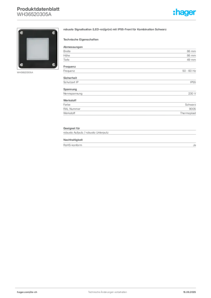 Bild Hager Produktdatenblatt WH36520305A | Hager Schweiz