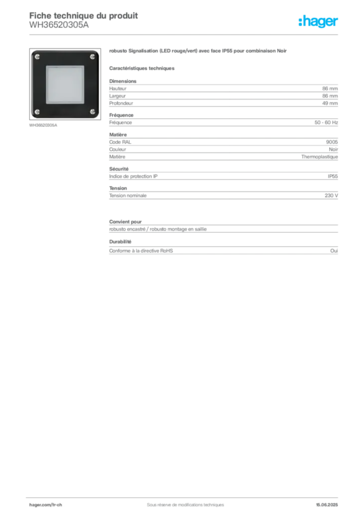 Image Hager Fiche technique du produit WH36520305A | Hager Suisse