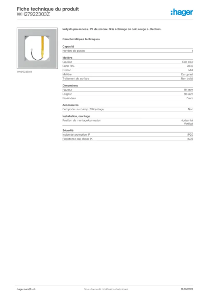 Image Hager Fiche technique du produit WH27922303Z | Hager Suisse