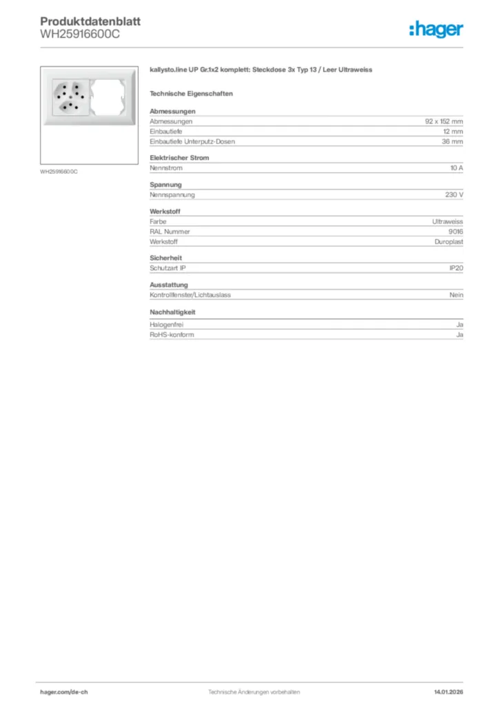 Bild Hager Produktdatenblatt WH25916600C | Hager Schweiz
