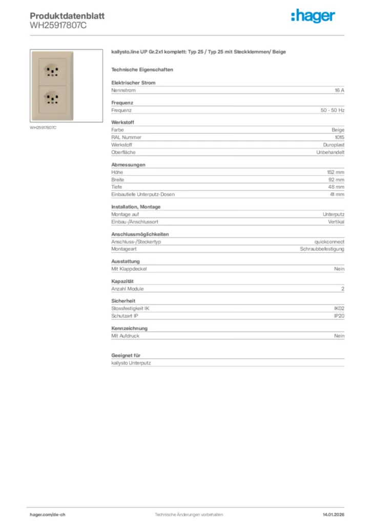 Bild Hager Produktdatenblatt WH25917807C | Hager Schweiz