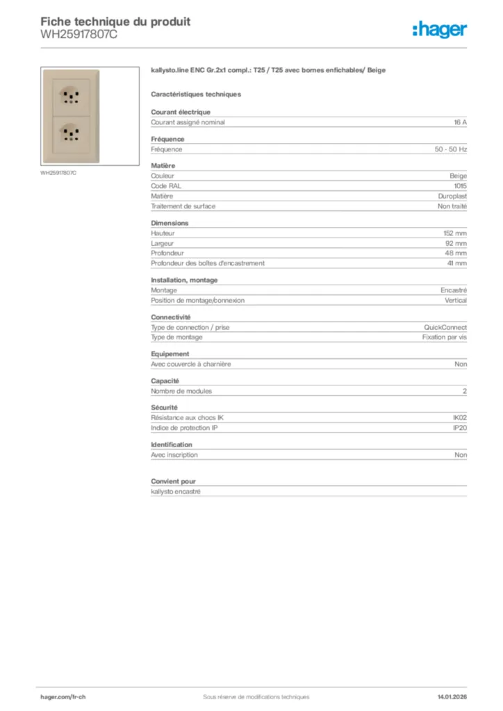 Image Hager Fiche technique du produit WH25917807C | Hager Suisse