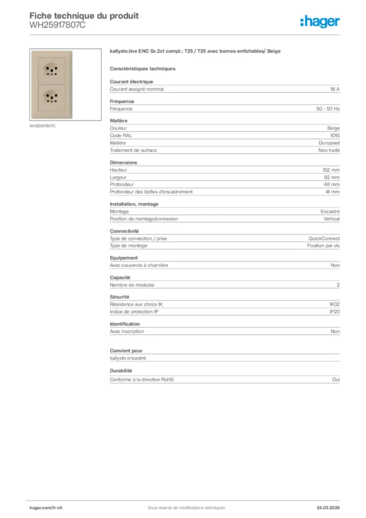 Image Hager Fiche technique du produit WH25917807C | Hager Suisse
