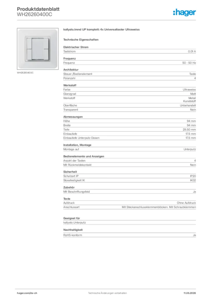 Bild Hager Produktdatenblatt WH26260400C | Hager Schweiz