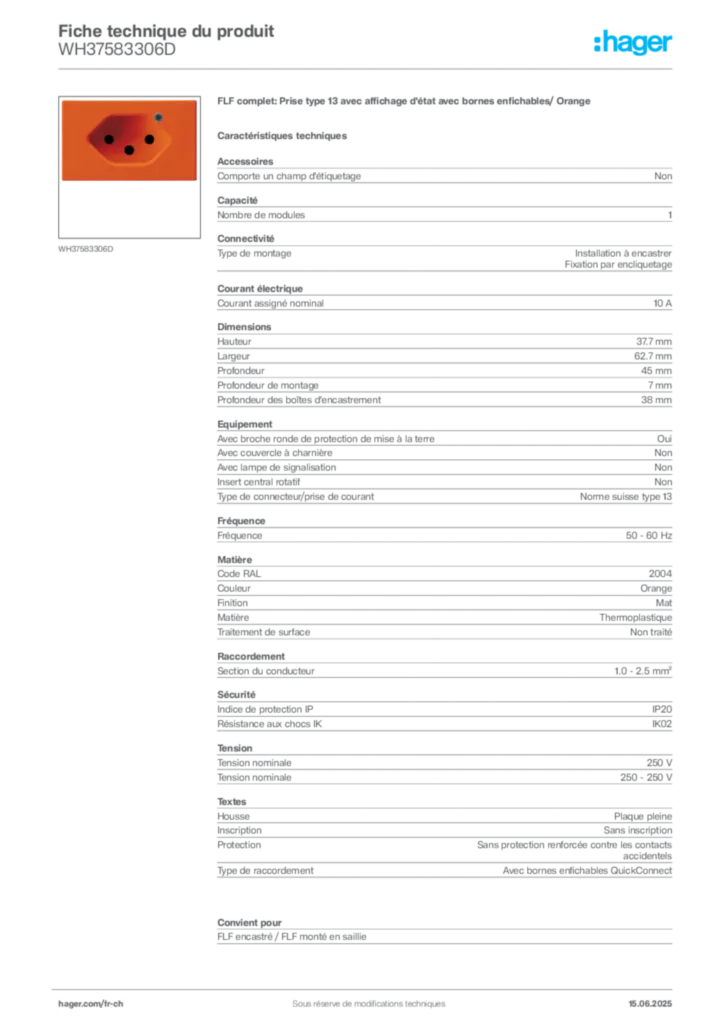 Image Hager Fiche technique du produit WH37583306D | Hager Suisse