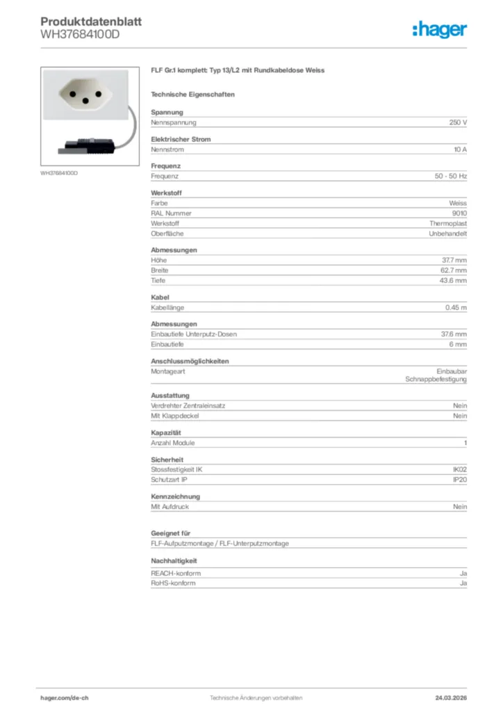 Bild Hager Produktdatenblatt WH37684100D | Hager Schweiz