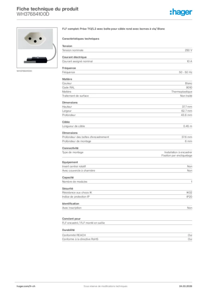 Image Hager Fiche technique du produit WH37684100D | Hager Suisse
