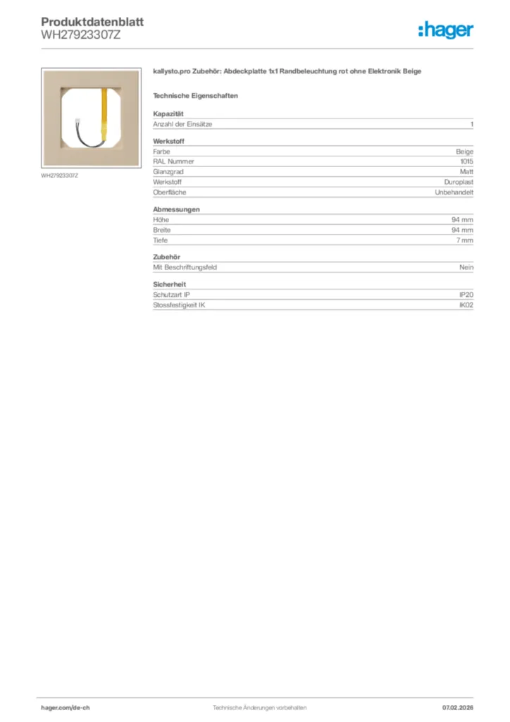 Bild Hager Produktdatenblatt WH27923307Z | Hager Schweiz