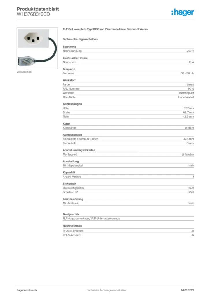 Bild Hager Produktdatenblatt WH37683100D | Hager Schweiz