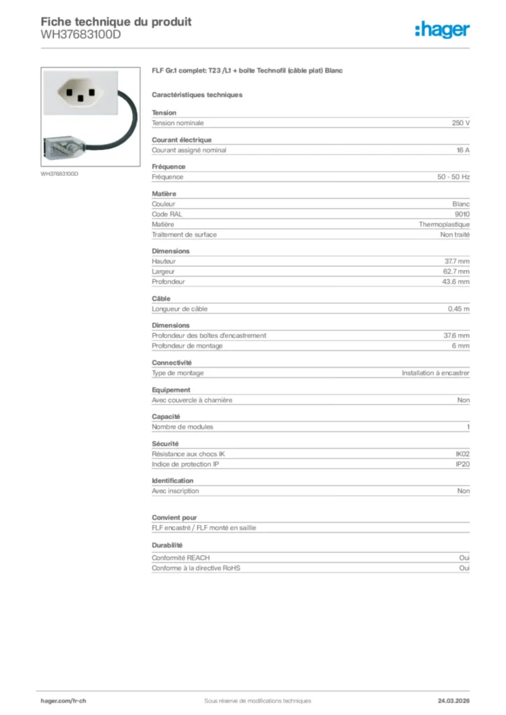 Image Hager Fiche technique du produit WH37683100D | Hager Suisse