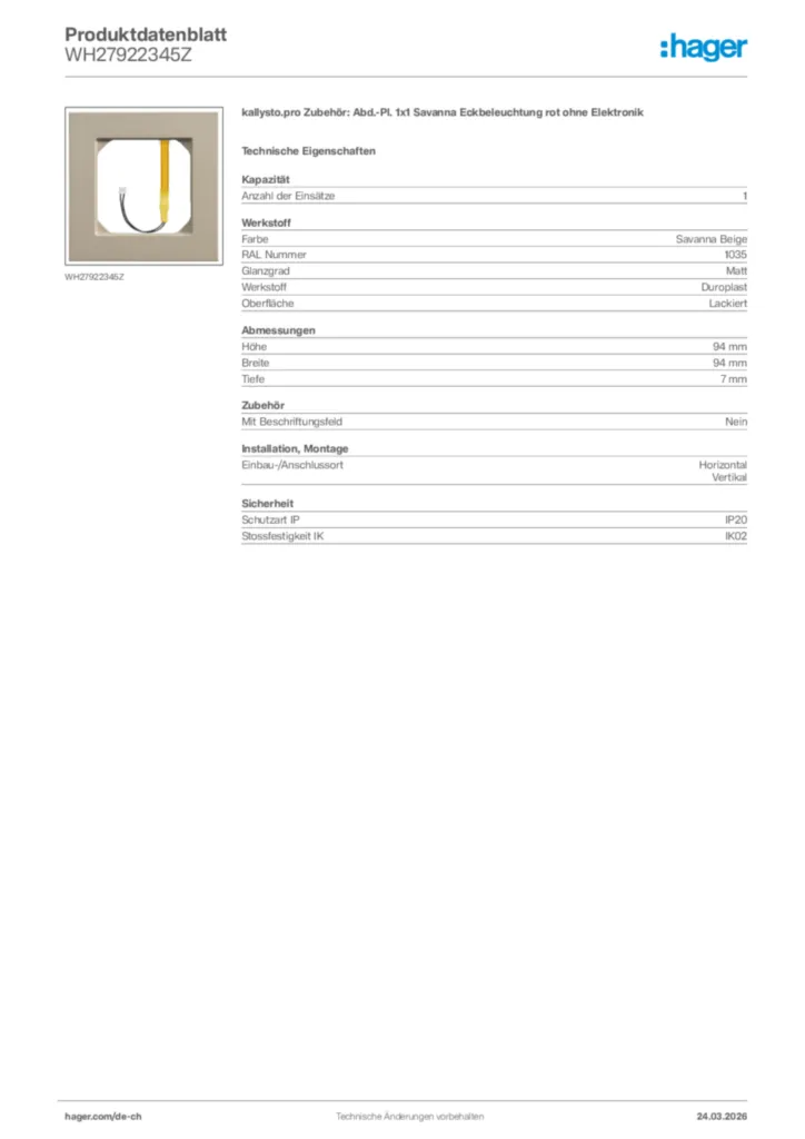 Bild Hager Produktdatenblatt WH27922345Z | Hager Schweiz