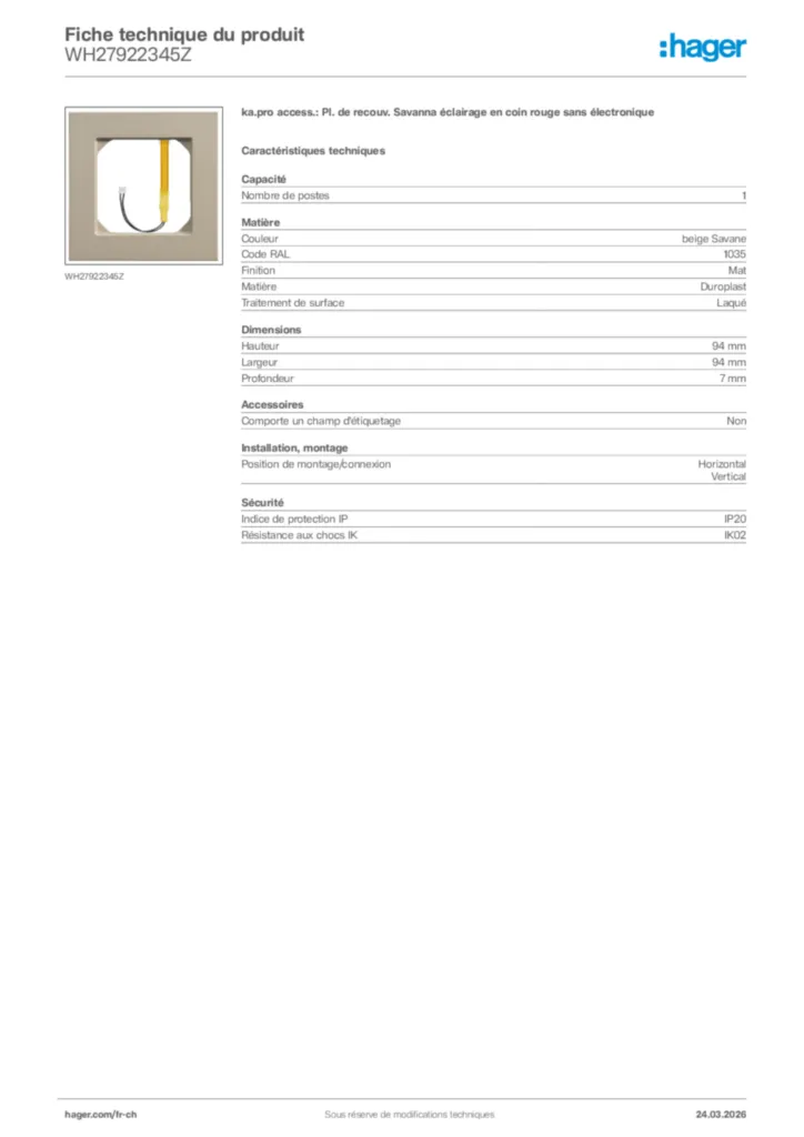 Image Hager Fiche technique du produit WH27922345Z | Hager Suisse