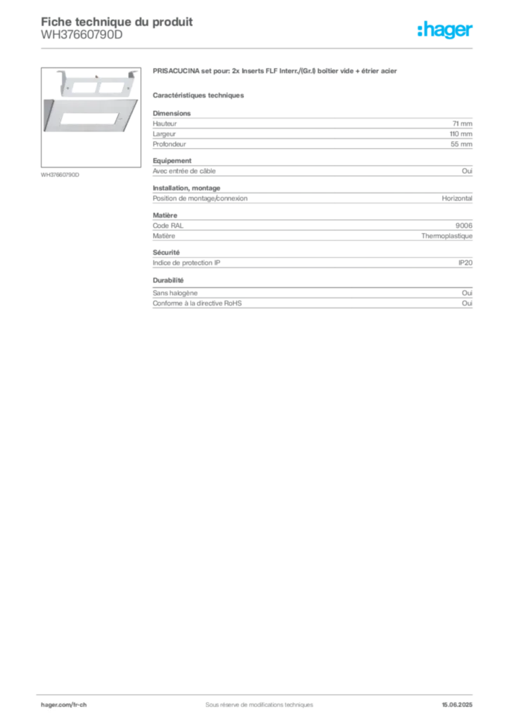 Image Hager Fiche technique du produit WH37660790D | Hager Suisse