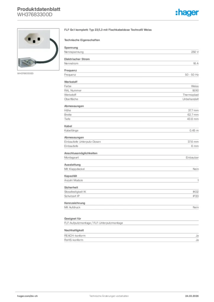 Bild Hager Produktdatenblatt WH37683300D | Hager Schweiz