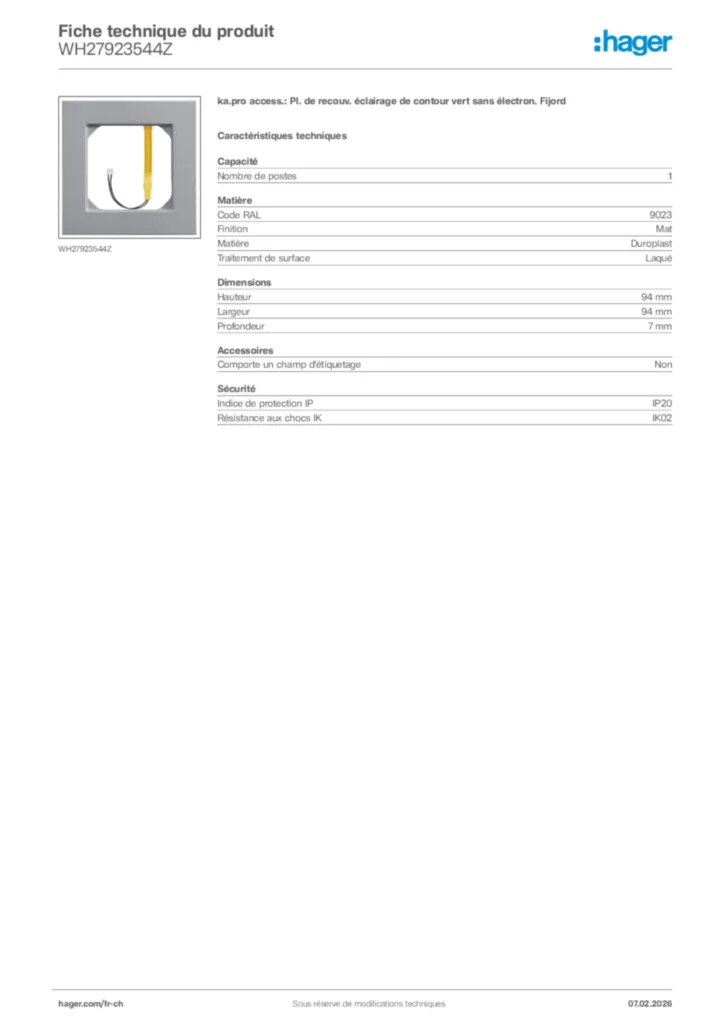 Image Hager Fiche technique du produit WH27923544Z | Hager Suisse
