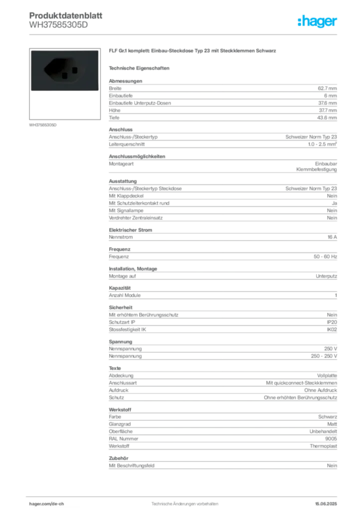 Bild Hager Produktdatenblatt WH37585305D | Hager Schweiz