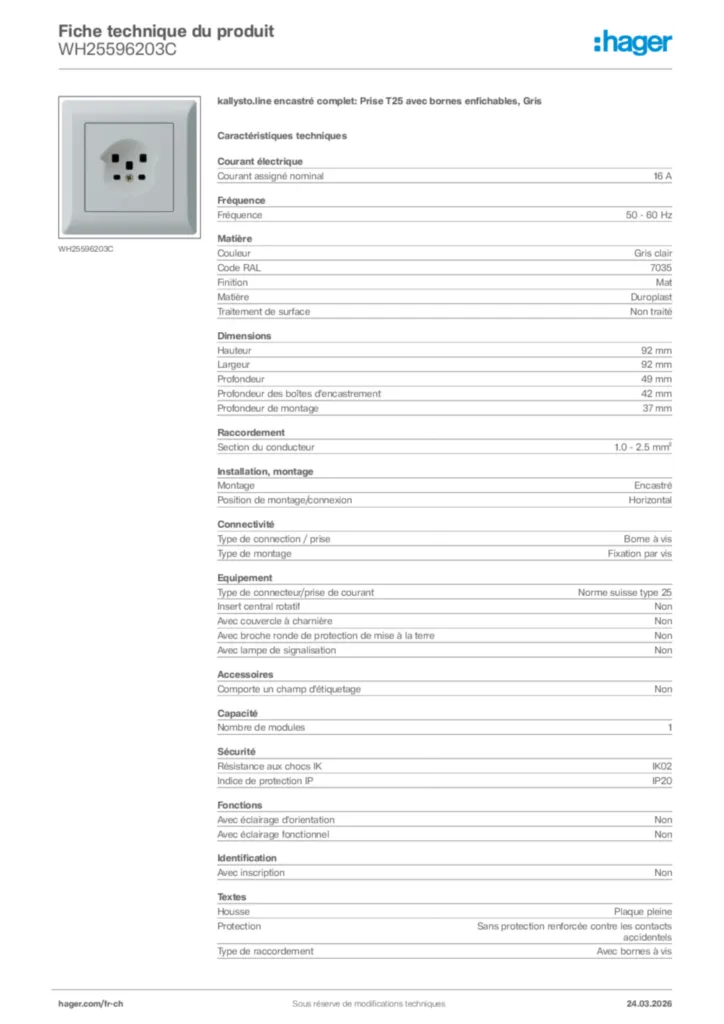 Image Hager Fiche technique du produit WH25596203C | Hager Suisse