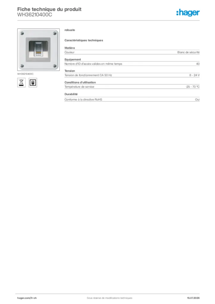 Image Hager Fiche technique du produit WH36210400C | Hager Suisse