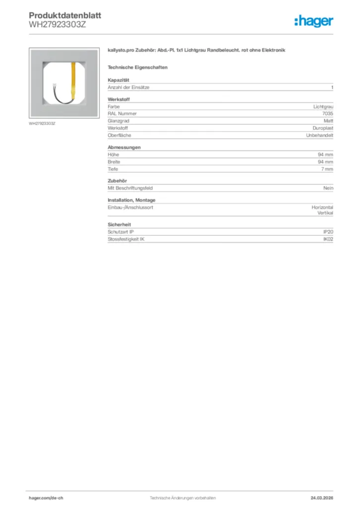 Bild Hager Produktdatenblatt WH27923303Z | Hager Schweiz