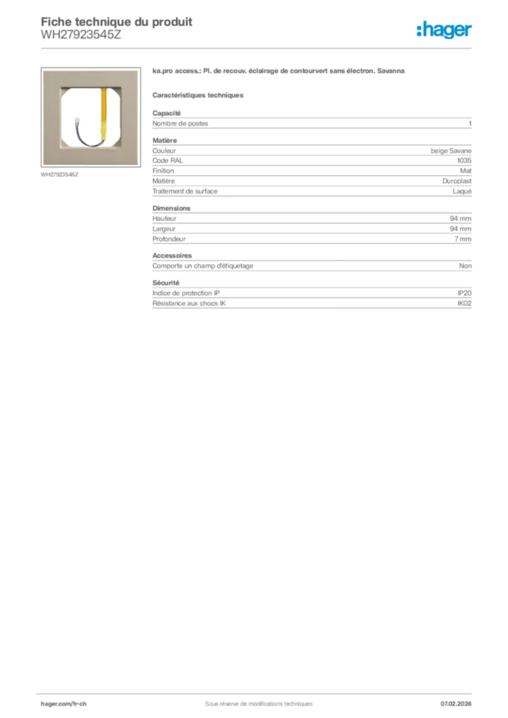 Image Hager Fiche technique du produit WH27923545Z | Hager Suisse