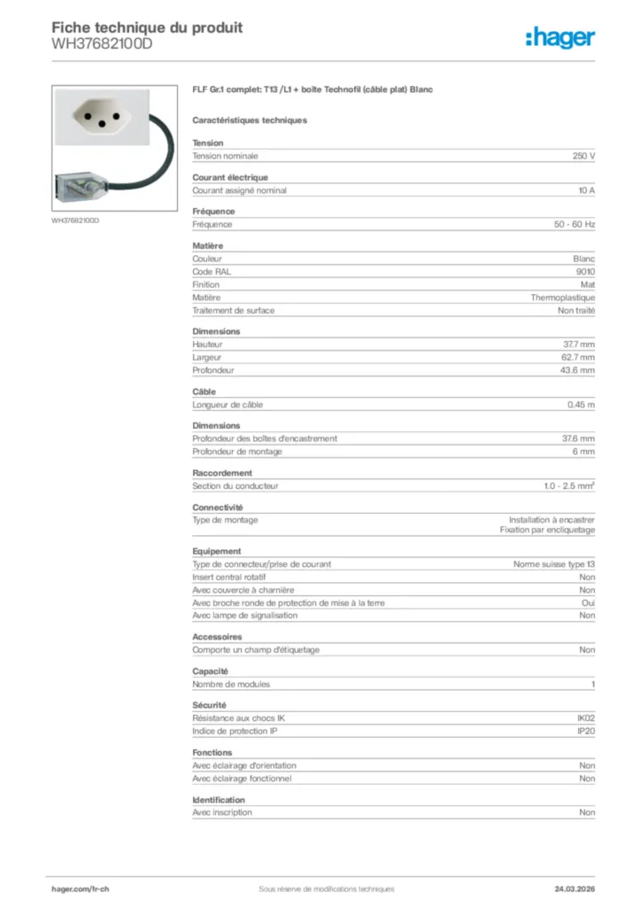 Image Hager Fiche technique du produit WH37682100D | Hager Suisse