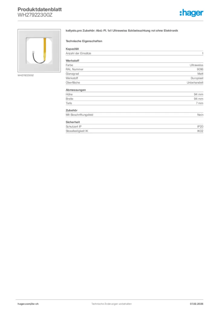 Bild Hager Produktdatenblatt WH27922300Z | Hager Schweiz