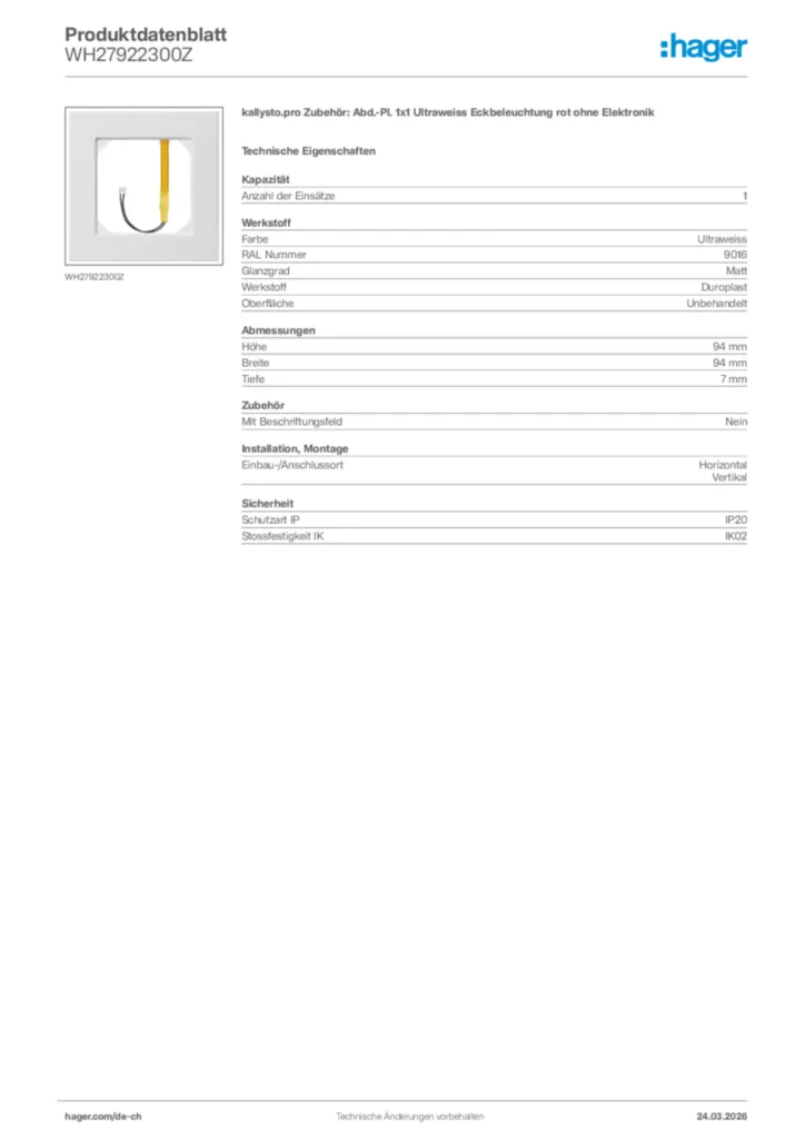 Bild Hager Produktdatenblatt WH27922300Z | Hager Schweiz